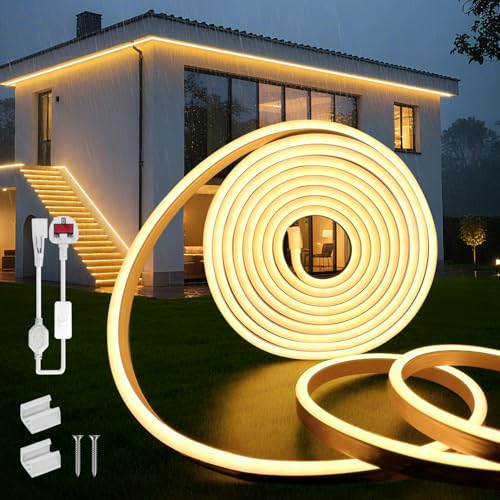 SUCIKORIO Neon Led Strip Light 10m / 32.8ft, Flexible LED Strip Lights Warm White 3000K Cuttable Waterproof IP65 Neon Rope Light 220-240V DIY LEDs Lights with Power Supply for Indoor & Outdoor