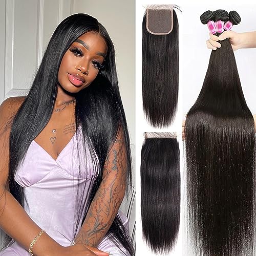 PINJUOO Straight Bundles with Closure (18 20 22+16 Inch) 100%