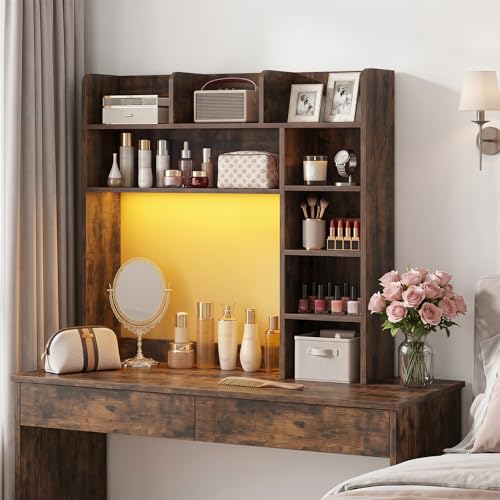 Image of Tangkula Desktop Bookshelf with LED Lights, Desk Hutch with 8 Shelves for Max 25 inch Monitor, Desktop 5-Tier Display Rack, Multipurpose Wood Desktop Storage Hutch Organizer for Dorm Office Home