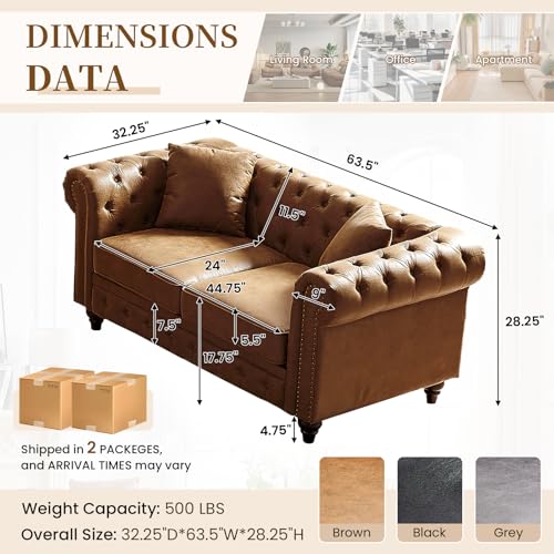 Image of Mid Century Modern Loveseat Sofa, 63.5 inchW Faux Leather Button Tufted Small Couch with Nailhead Trim & Roll Armrest, Comfy Upholstered Chesterfield Sofa for Living Room, Office(2 Seater, Brown)
