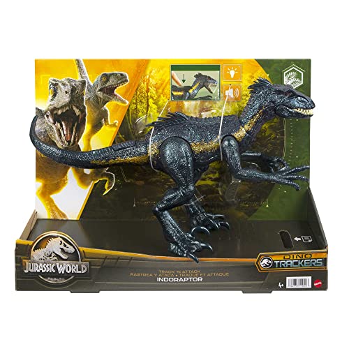 Image of Mattel Jurassic World Dinosaur Figure Indoraptor Track N Attack with Tracking Gear & 3 Attack Features, Toy Gift with Physical & Digital Play
