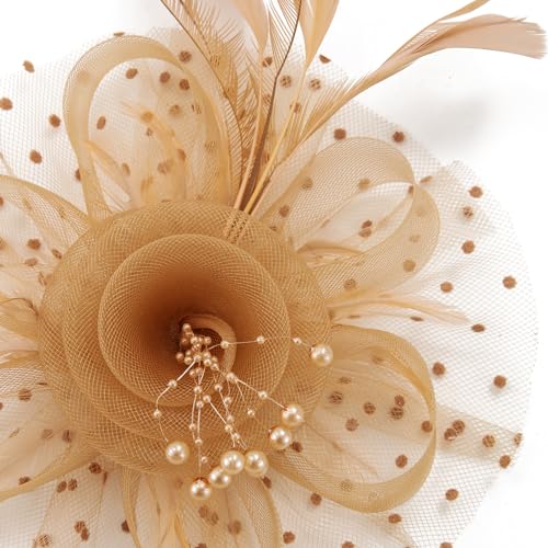 fghuim Women's Organza Church British Bridal Tea Party Wedding Hat Feather Hair Clip Gold Fascinators Hat (Gold) - Thumbnail 3