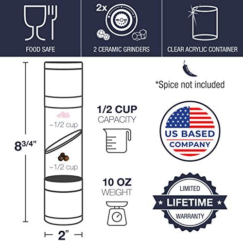 Eparé 2 in 1 Salt & Pepper Grinder - Dual Mill Set Up Peppermill - Stainless Steel Black Pepper Mill & Himalayan Pink Salt Shaker with LED Light for Kitchen Condiments and Travel