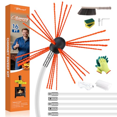 Bluesea 16 Feet Chimney Sweep Kit, Ergonomic Chimney Cleaning System with Strong Brush, Extends Up to 16 Feet, Includes 5 Flexible Chimney Rods