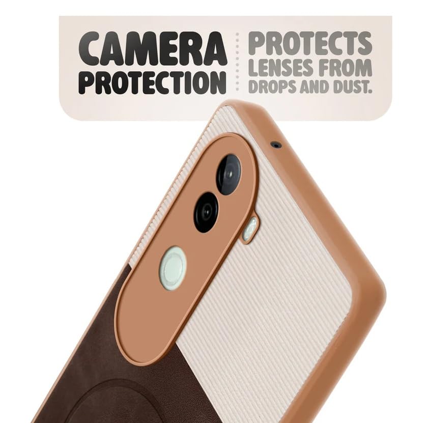 Image of Bintage CASE Mac Safe Design Hard Light Weight Back Case | Soft Border Camera Protect | Dual PU Leather Finish Back Cover Compatible for iQOO Z9s 5G - White & Cherry Brown