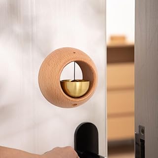 IcosaMro Shopkeepers Bell for Door Opening, Round Wooden Chime for Business When Entering, Brass Magnetic and Double-Sided Tape Zen Beechwood Doorbell Decorative Door Harp for Entrance