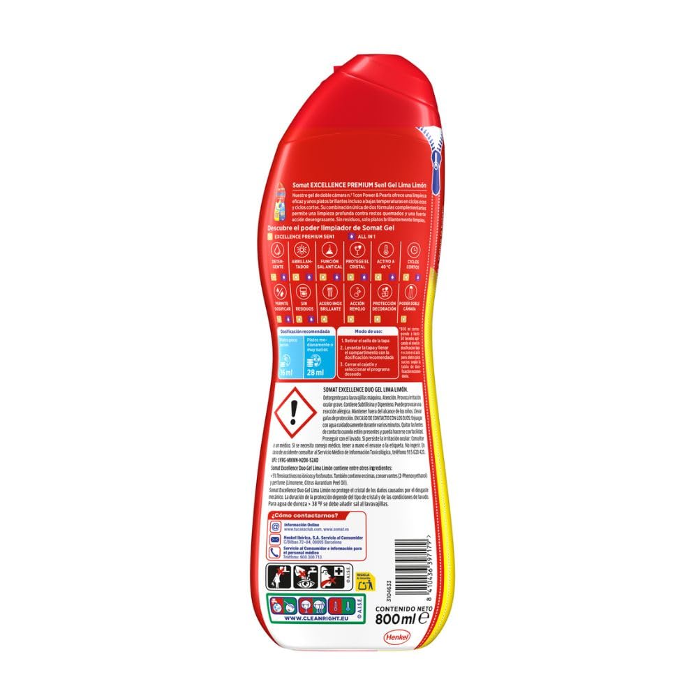 Somat Excellence 5 en 1 Gel Premium para Lavavajillas (200 Lavados), Detergente para Lavavajillas con Aroma a Limón, Para una Vajilla Perfectamente Limpia Incluso en Programas Eco y Ciclos Cortos
