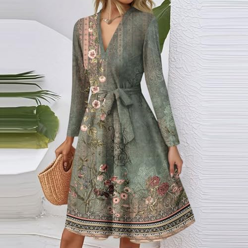 Womens Long Sleeve A Line Midi Dresses,Trendy Casual V Neck Smocked Flowy Elegant Formal Floral Knee Length Dress2