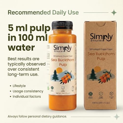 Image of Simply Staples Sea Buckthorn Pulp 300ml | 100% Pure Himalayan Berries | Rich in Omega 3 6 7 9 | No Sugar No Preservatives | Cold Processed Ayurvedic Fruit Pulp