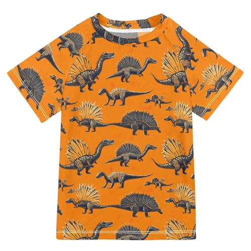 KLL Boy Bathing Suit Short Sleeve Rash Guard Girls 9T Cartoon Dino Spinosaurus Orange