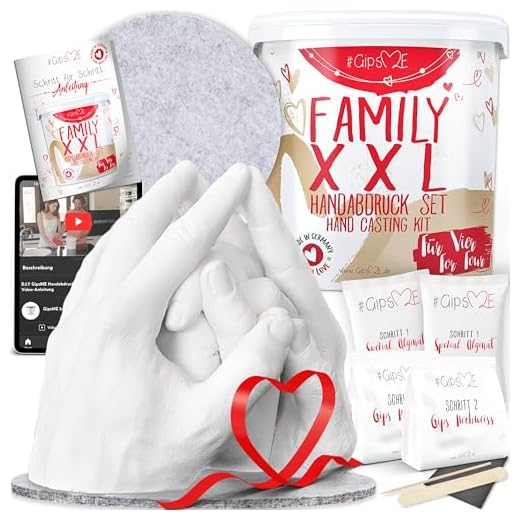 GipsME XXL 3D Handabdruck Set Familie Gipsabdruck für 4 Hände + Sockel Made in Germany - Premium Familien Gipsabdruck-Set - Personalisierte Geschenke - Handabdruckset + Video