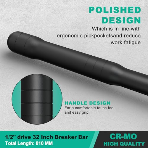 Image of 1 /2 inch Drive 32 Inch Breaker Bar, Heavy Duty Head, Premium Chromium-Molybdenum Steel, Laser Etched Marking, for Grip and Break Loose Tight Bolts, Nuts