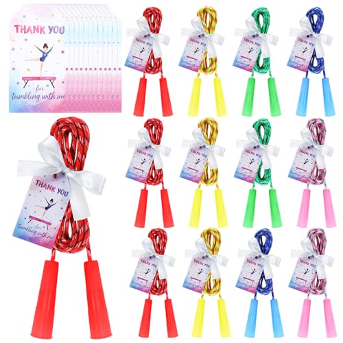 Thenshop 24 Pcs /12 Set Gymnastic Party Favor Gymnastics Birthday Supplies 12 Colorful Jump Rope 12 Gift Card Bulk Gift Nylon Stripe Ropes Adjustable Size Exercise Fitness Activity Sports Party Favor