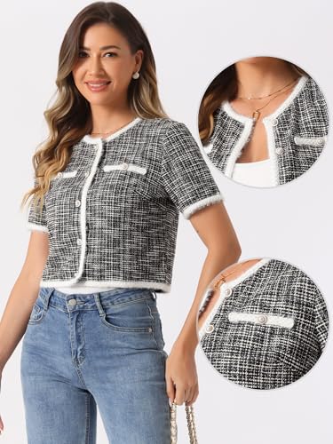 Allegra K Short Sleeve Tweed Jacket for Women Summer Crew Neck Button Front Cropped Cardigan2