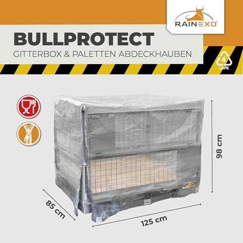 RAINEXO® Gitterbox & Paletten Abdeckhaube | Abdeckplane Transparent + 2 Reißverschlüsse | 125 x 85 x 98 cm | Wasserdicht, Frost & UV-beständig