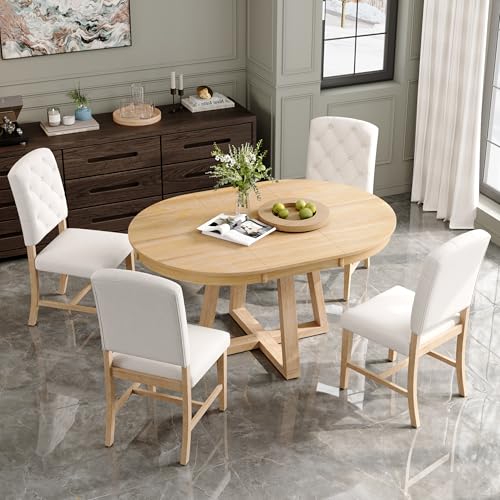 Image of Bellemave 5-Piece Dining Table Set, Extendable Round Dining Table with 16 inch Removable Leaf, 4 Upholstered Button Tufted Chairs, Acacia Veneer Tabletop (Natural)