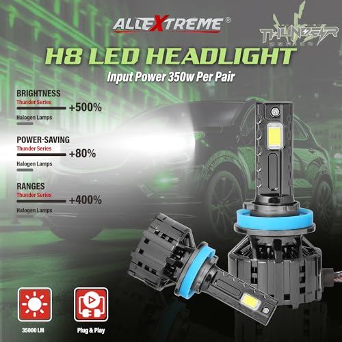 Image of AllExtreme H8 350W LED Headlight Bulb for Cars IP68 Water-Resistant Super Bright 6000K /35000LM Conversion Kit with 3 Copper Tube Heat Conduction System (1 Year Warranty, Set of 2)