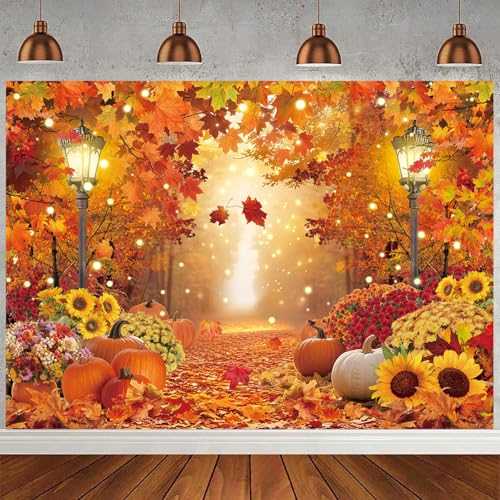 Bannière photo automne anti-reflet en tissu lavable motif citrouilles et récolte