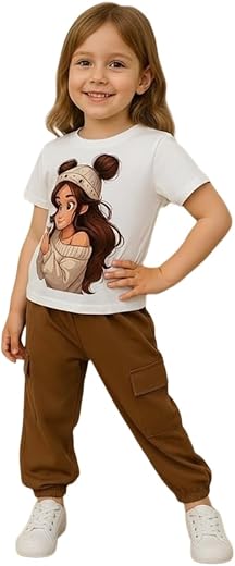 ANSHI FASHION Girls Cartoon Print T-Shirt with Cargo Jogger Pants Set Cute &amp; Comfy 2-Piece Clothing Set Perfect for your B...