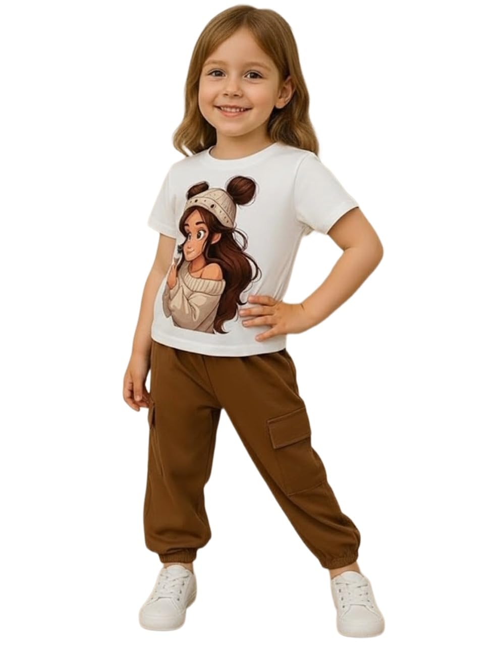 ANSHI FASHION Girls Cartoon Print T-Shirt with Cargo Jogger Pants Set Cute & Comfy 2-Piece Clothing Set Perfect for your Baby Girl