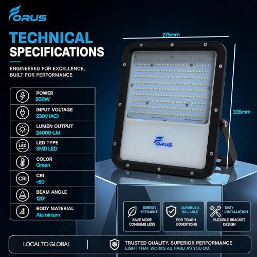 Image of Forus 200W LED Flood Light IP67 Waterproof, Green Outdoor Decorative Floodlight for Garden Decor, Landscape, Parking, Warehouse, High Mast Security Light with 4 Year Warranty