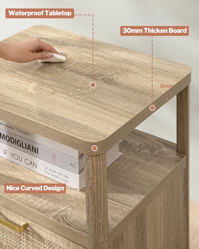Sheepping Nightstands Set of 2 - Rattan Night Stand Bedside Table with 2 Rattan Drawers, Open Storage Shelf, Farmhouse Wood Bed Side Tables End Table for Bedroom Living Room, Natural - Image 5