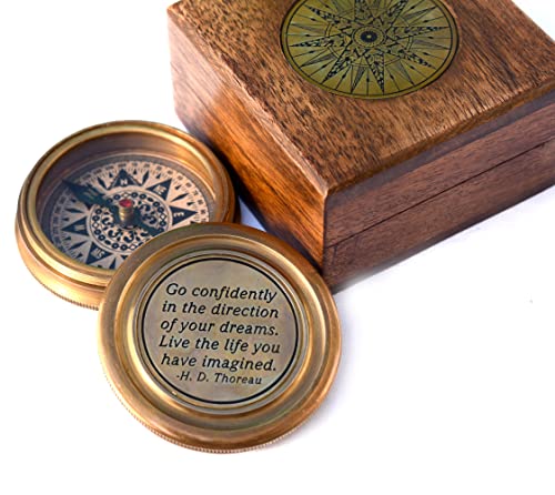 Solid Brass Thoreau\'s Go Confidently Quote Engraved Compass with Wooden Box, Camping Compass, Baptism gift, 2024 Graduation Day Gifts, Christian Gifts for Men, First Confirmation Gift