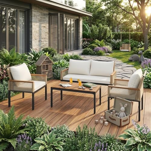 Yihomfy Salon de Jardin 5 Pièces en Rotin Tressé avec Coussins - Canapé 2 Places, 2 Fauteuils, Table Basse, Mobilier Terrasse Métal & Acacia, Noir/Gris...