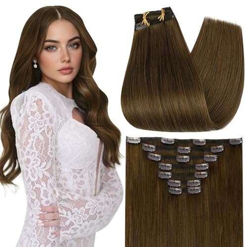 Full Shine Light Brown Hair Extensions Clip in Long 24