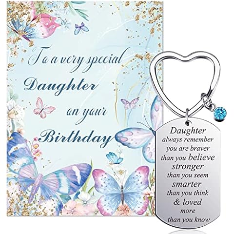 Daughter Butterfly Birthday Cards Always Remember Keyring Inspirational Keychain Present from Mum Dad with Love Envelop Set Happy Birthday Gifts for Daughter Cover