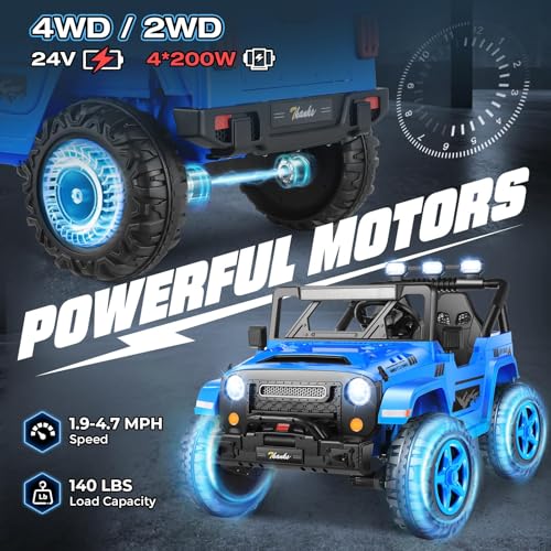 Hikole 24V 2 Seater Kid Car with Remote Control,4WD/2WD Switchable Ride on Car W/20 Wide 2 Seat, Music, 4X4 Spring Suspe - Additional View