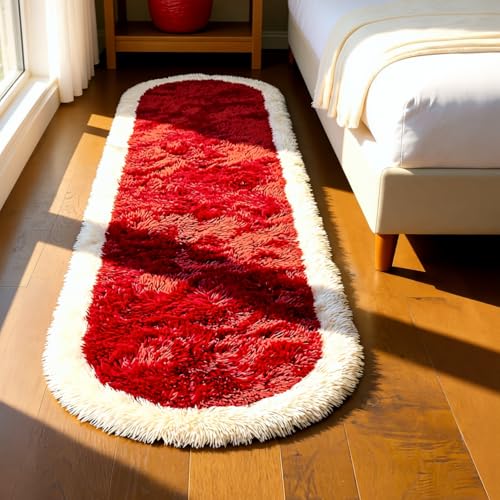 Image of Fluffy Silky Micro Fiber Polyster Carpet /Runner for Bedroom, Study Room, Playing Room, Guest Room ETC. 4x6 feet Feet, (Red and Ivory Side boder)