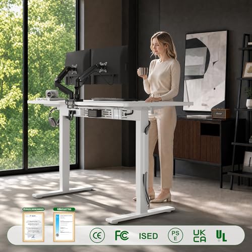 Image of FEZIBO Electric Standing Desk with L-Shaped Crossbar & Cable Management System, 48 x 24 Inches Sit Stand up Desk, Adjustable Height Standing Desk for Home Office, White