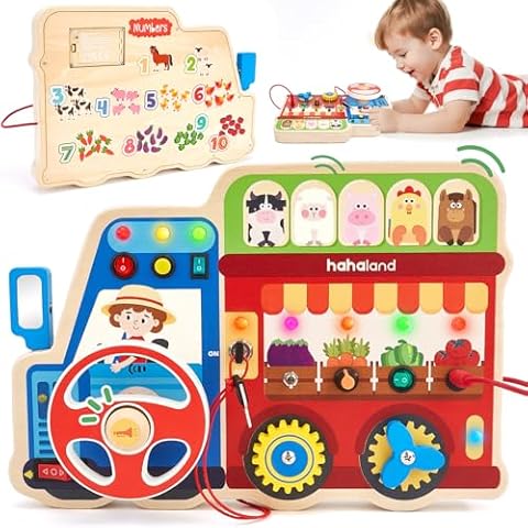 hahaland Montessori Busy Board for Toddlers 3-5, 18-in-1 Wooden Sensory Activity Board with LED Lights & Switches, Educational Montessori Toy for Fine Motor Skills, Kids Gift Cover