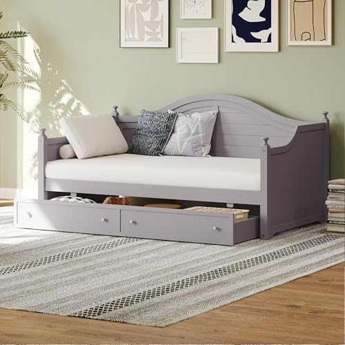 BEDGJH Twin Size Wood Daybed with 2 Storage Drawers for Living Room Bedroom (Light Grey)