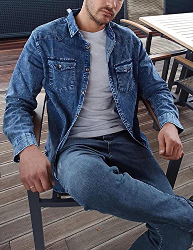 Atofy Men's Casual Denim Shirt Slim Fit Long Sleeve Button Down Shirt Distressed Washed Denim With Chest Pockets(Blue, M) #TOP7