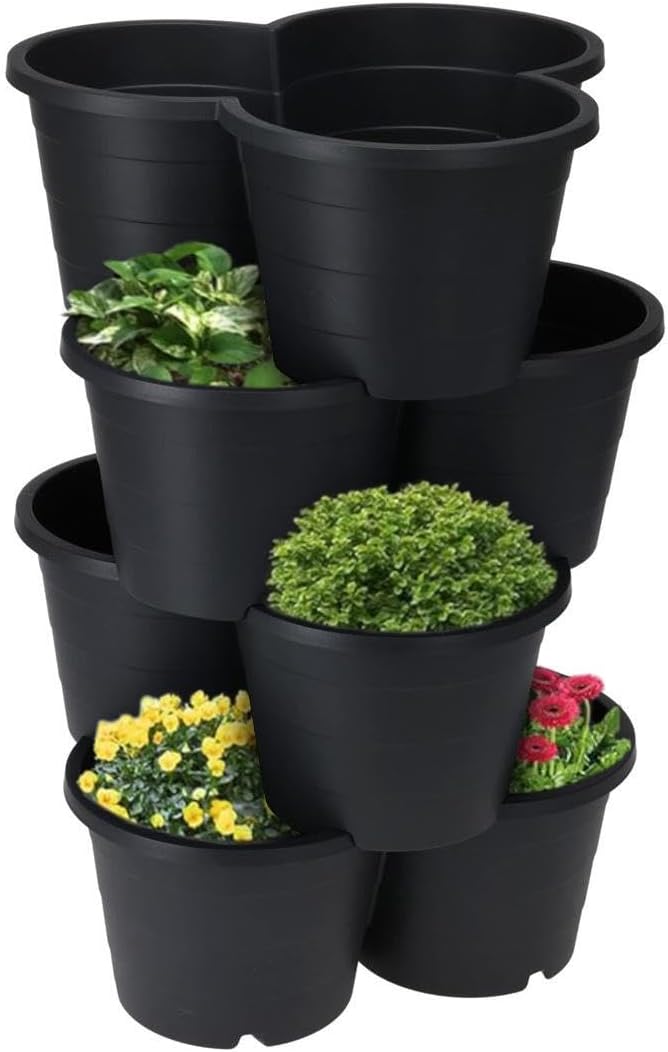 GEEZY Stackable Flower Pot Planters – Set of 4, Large Black Plastic Tiered Design for Outdoor Vertical Garden, for Herbs, Strawberries, Flowers – Space-Saving Durable Pots for Gardening Enthusiasts