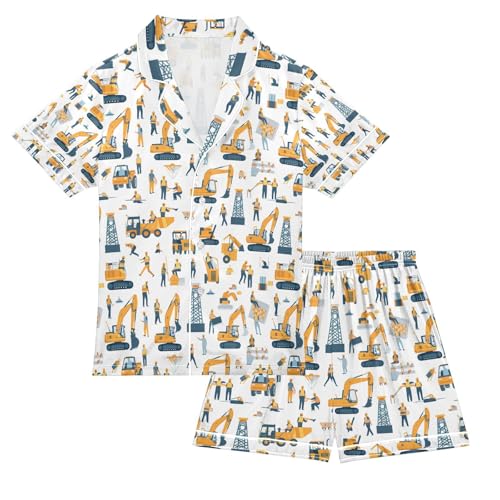 senya Cartoon Excavator 1 Satin Summer Pajama Sets Silk Short Sleeve Button Down Sleepwear