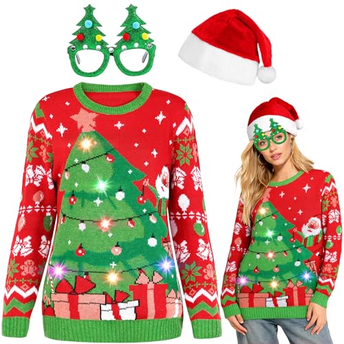 SOMSOC 3 Pack Christmas Light Up Ugly Sweaters with Glasses Hat Headband 2025 Women Men Family Xmas...