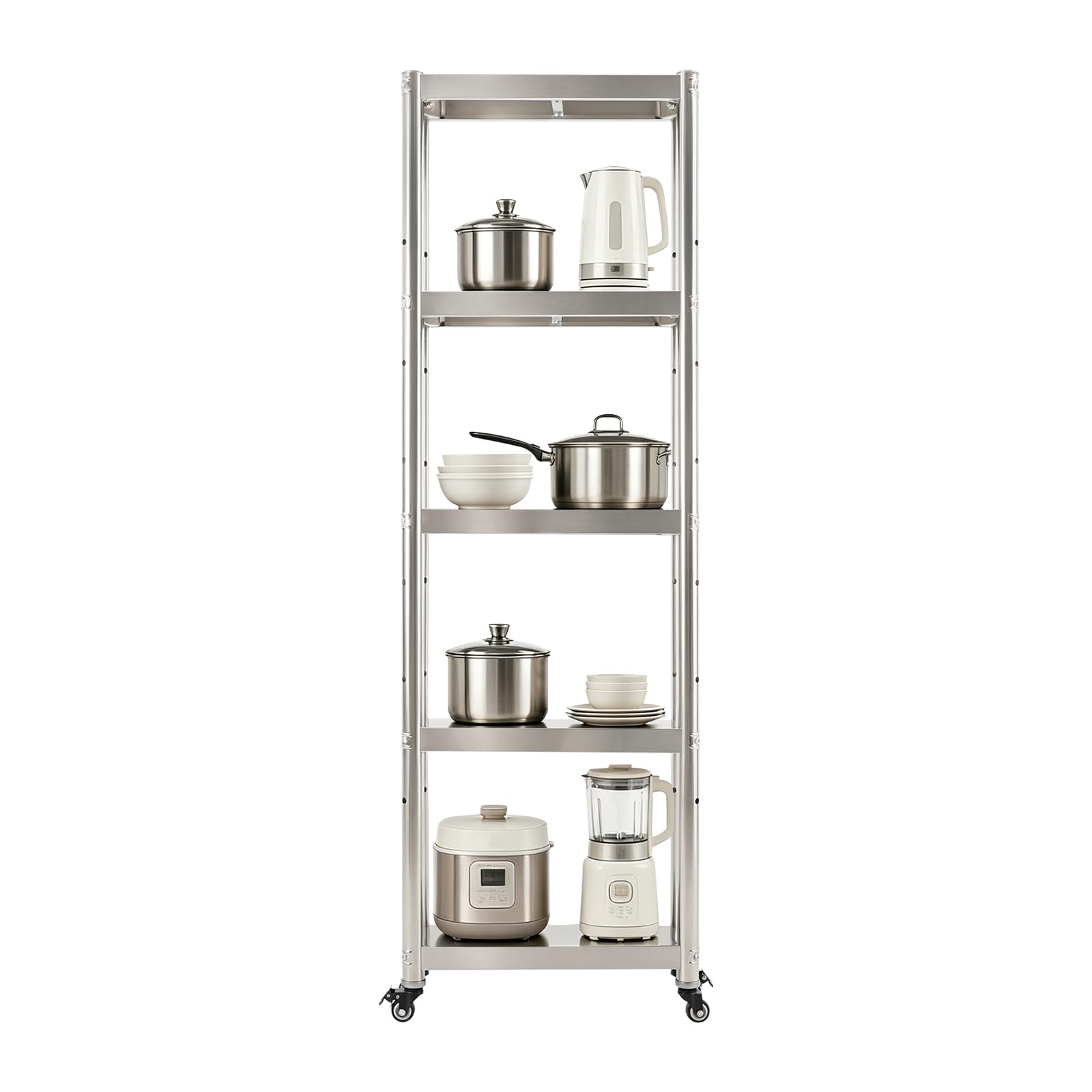 Carrello da cucina a 5 ripiani, sottile, in acciaio inox, con ruote
