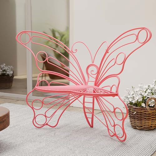 HSUFLWS Pink Butterfly Benches Outdoors Pretty Garden Bench & Cute Metal Outside Bench Front Porch Benches Outdoor with Sturdy Frame for Lawn Yard Balcony (Pink)