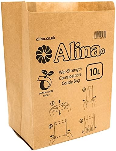 Alina 50 x 10L Compostable Paper Caddy Bin Bag/Food Waste Bin Liner/Biodegradable Brown 10 Litre Paper Sack (50 bags)
