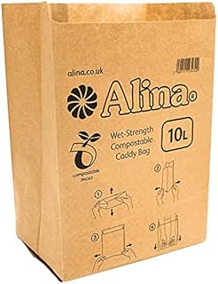 Alina 50 x 10L Compostable Paper Caddy Bin Bag/Food Waste Bin Liner/Biodegradable Brown 10 Litre Paper Sack (50 bags)