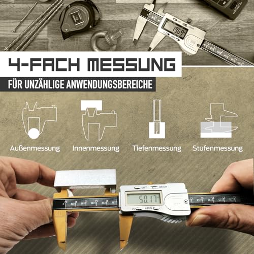 MIB Digitaler Messschieber mit Absolut-System & TiN-Beschichtung DIN 862 200mm | Präzisionsmessgerät | 4-fach Messung | Kalibrierung | Digitalwerkzeug Set mit 3V Batterie & Kunststoffbox