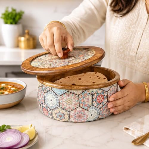 Image of The Earth Store Premium Wooden Medina Casserole for Roti - 1600ML Handcrafted Mango Wood with Resin Art Roti Casserole | Elegant Wooden Roti Box | Chapati Box for Dining & Gifting