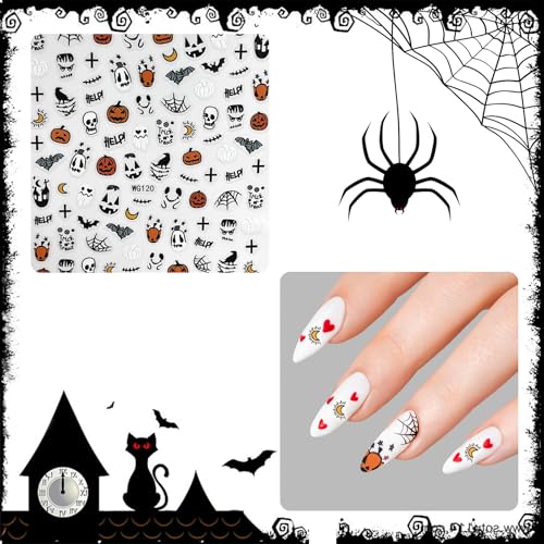 Qiuyan 4 Sheets Halloween Nail Art Stickers Self-Adhesive DIY Nail Decals Stickers with Pumpkin, Spider Web, Skull, Bat, Witch, Ghost, Candy for Halloween Party Nail Decoration - Image 2