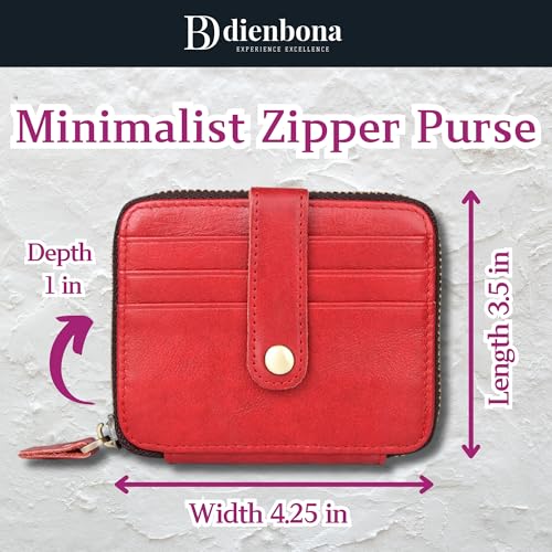 13 Card Slots Genuine Leather Minimalist Zipper Accordion Purse, Slim Multi Pockets Zip Around Wallet with Key Ring Strap, Compact Card Organizer with Key Ring Strap (Cherry Red)2