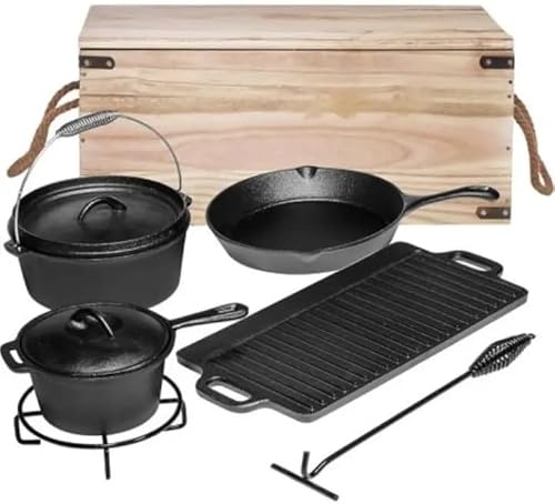 Pre-Seasoned Cast Iron Cookware Set, 7 Piece, with Dutch Oven, Skillet, Grill Pan and Wooden Storage Crate