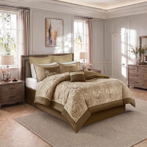 Regency Heights Luxury Jacquard Comforter Set 8-Piece King Size Bedding Set Elegant Damask Design with Bed Skirt & Decorative Pillows All Season Comfort Brown