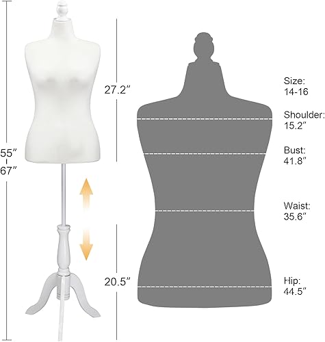 Miniatura 2 de Bonnlo Vestido femenino tamaño 10-16, cuerpo de torso de altura ajustable con soporte de trípode mejorado, maniquí de tamaño mediano para coser y